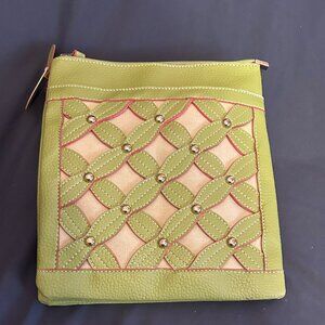NEW-MELLOW WORLD GREEN LEATHERETTE+STUDS, WRISTLET, PURSE